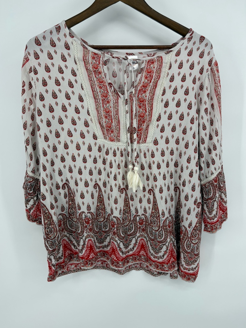 Bila Womens XL Red Ivory Paisley Boho Tunic Blouse Tassel Bell Sleeve Rayon